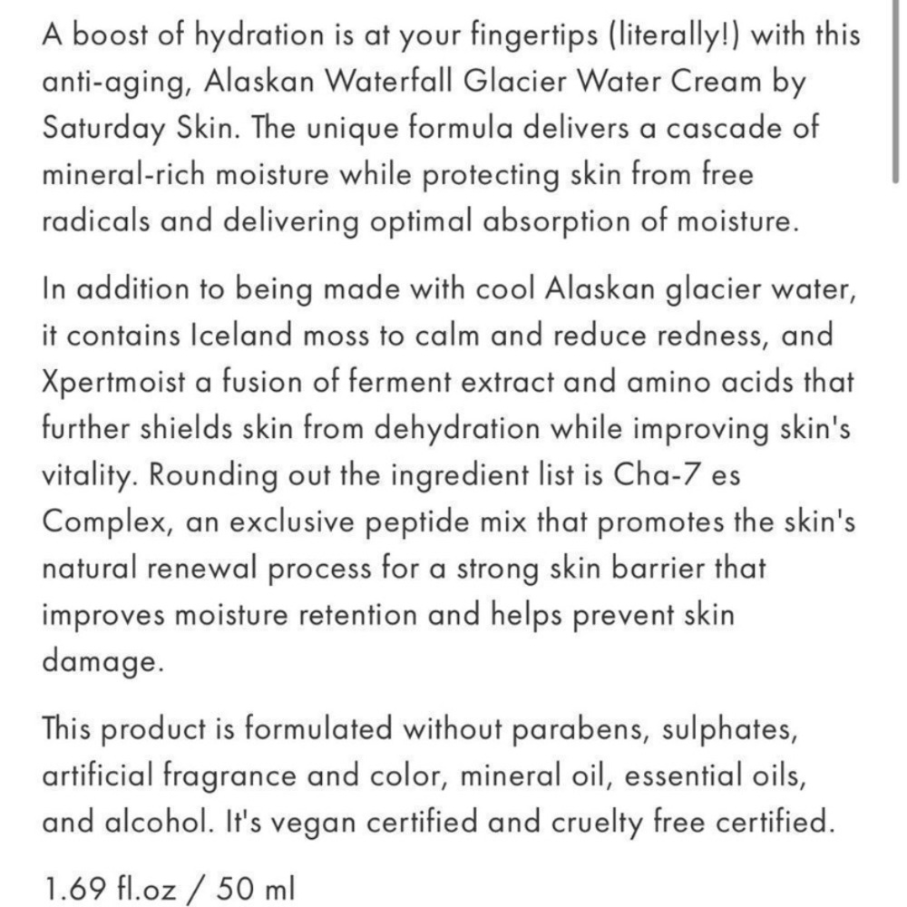 SATURDAY SKIN Waterfall Glacial Water Cream New FullSz - Picture 3 of 5